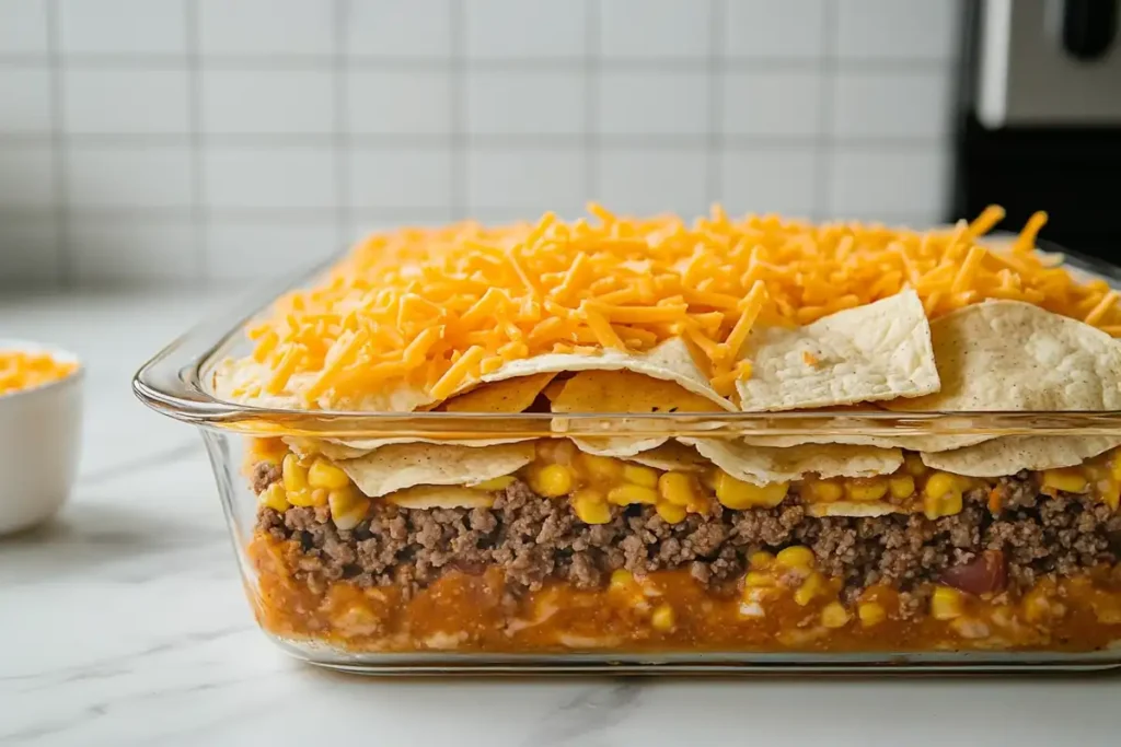 Layered ingredients for Crunchwrap casserole