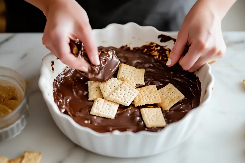 Folding saltine crackers into mixture