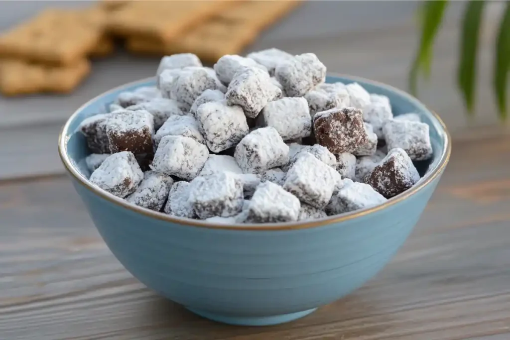 A bowl of Muddy Buddies coated in powdered sugar