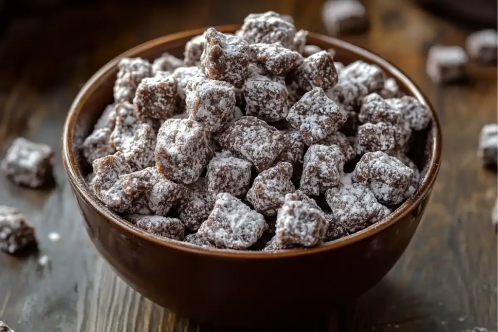 Large bowl overflowing with Muddy Buddies.