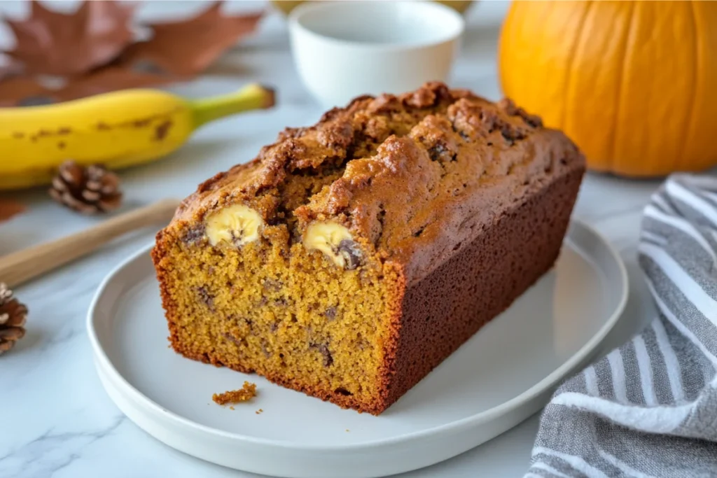 A slice of pumpkin banana loaf with a moist crumb on a white plate