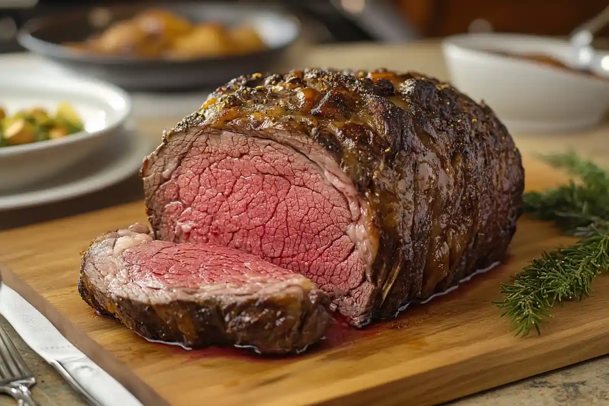 A 5 lb prime rib roast cooked to perfection on a wooden cutting board