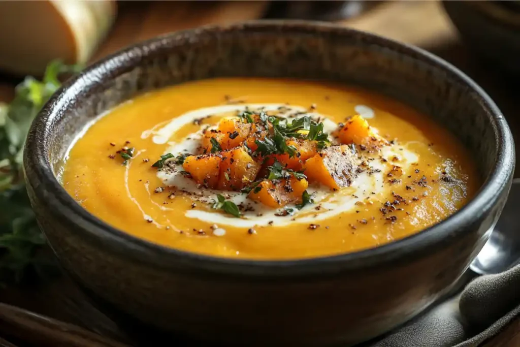 Butternut squash soup served in a bowl with garnish