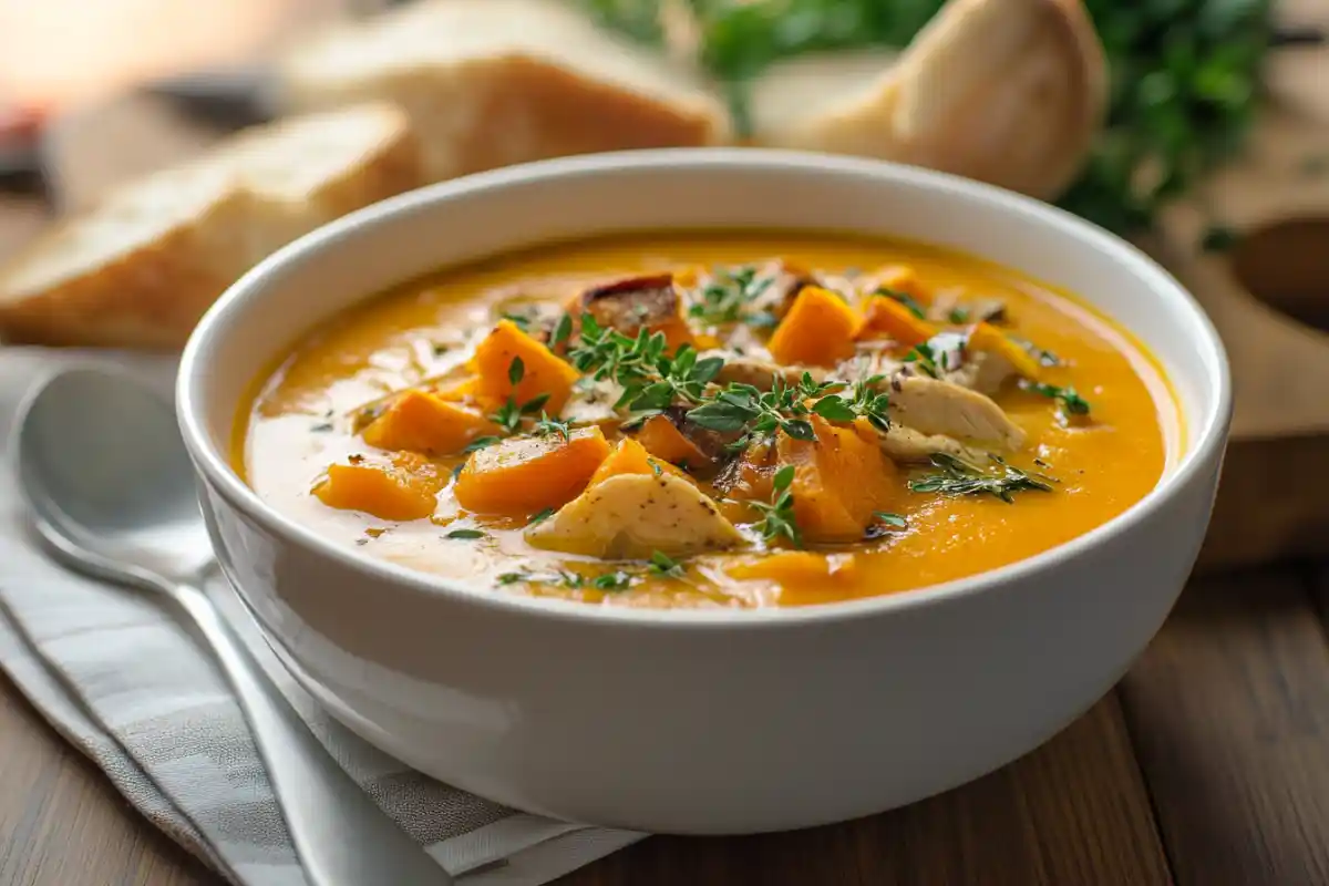 Panera butternut squash soup with herbs in a white bowl