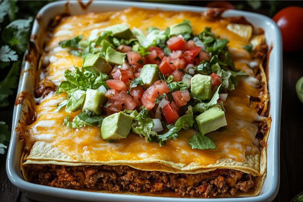 Crunchwrap Casserole in a baking dish with layers of seasoned beef, cheese, and tostada shells topped with fresh lettuce and tomatoes