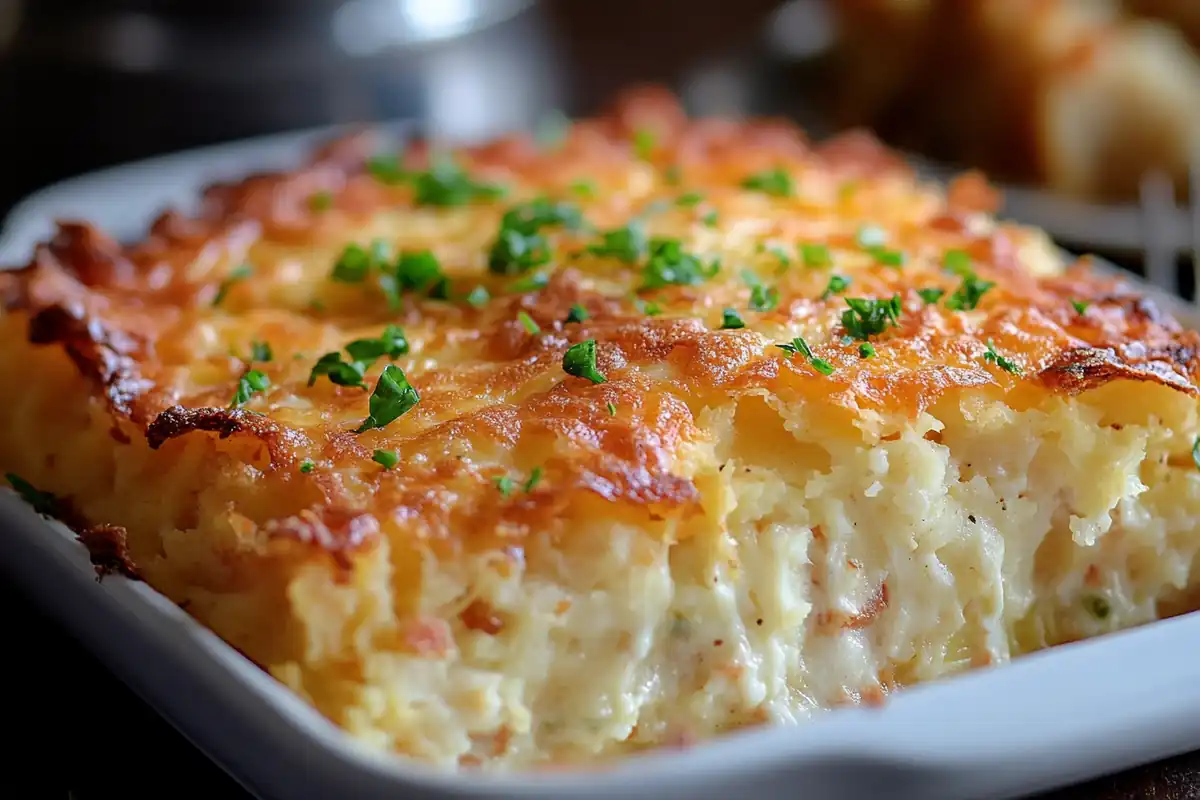 Hash brown casserole with a golden crispy top