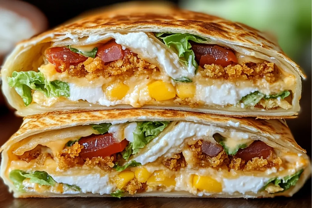 Close-up of a sliced Crunchwrap showing all layers