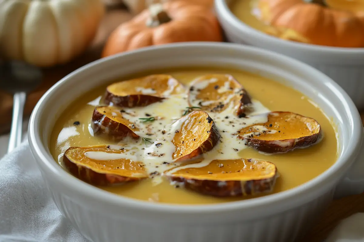 Creamy Panera squash soup with a garnish of pumpkin seeds