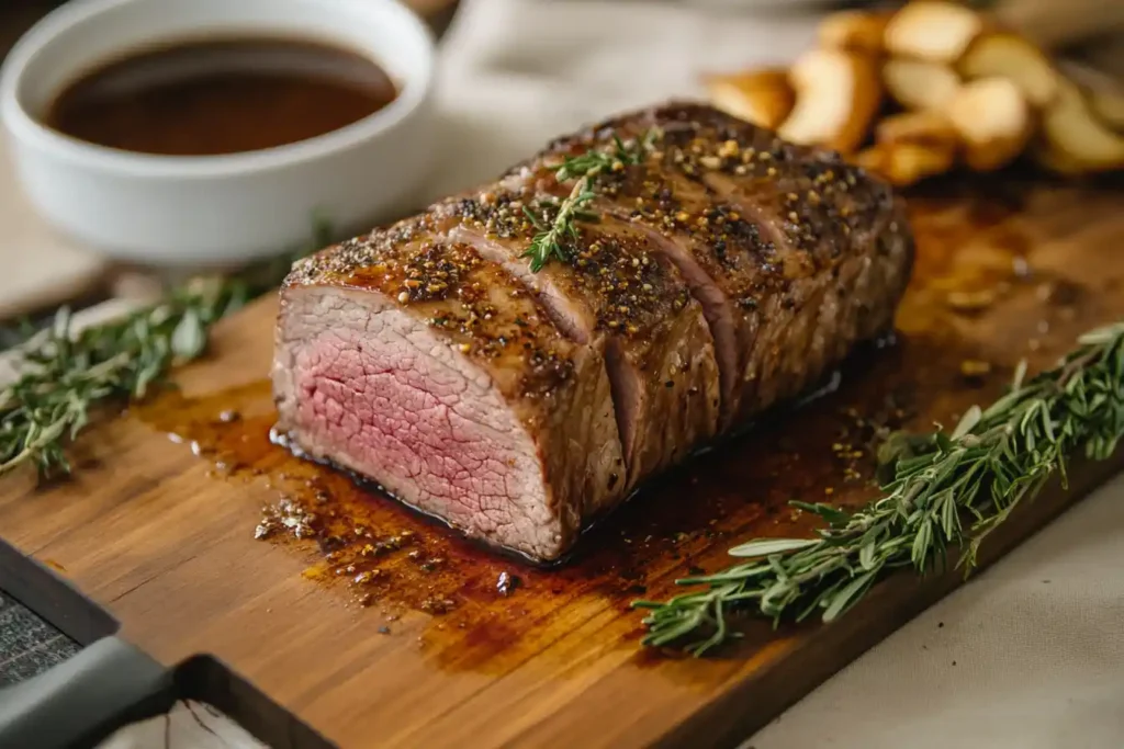 Sous vide 3 lb roast with a golden-brown crust on a cutting board