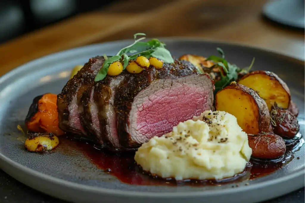 Sliced sous vide roast beef with mashed potatoes and roasted vegetables