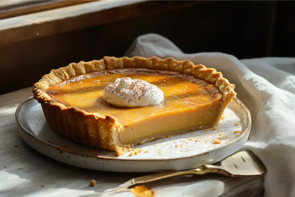 Pumpkin pie with a golden crust served on a wooden table