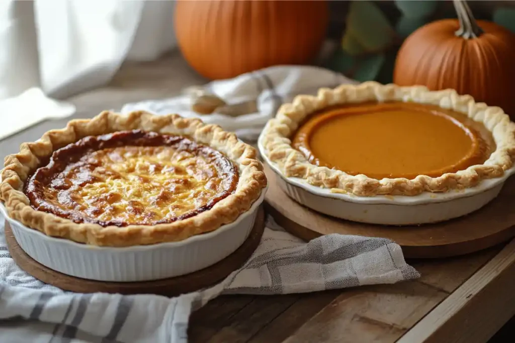 A pumpkin pie made with evaporated milk next to another pie made with condensed milk