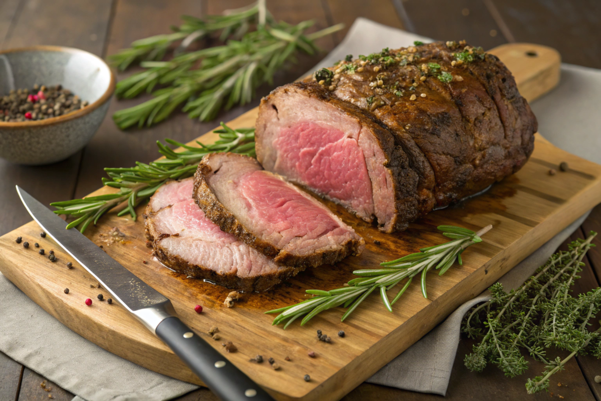 Perfectly cooked prime rib with a crispy crust on a cutting board