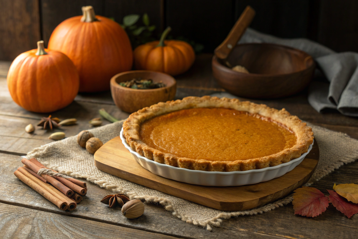 Freshly baked pumpkin pie on a table