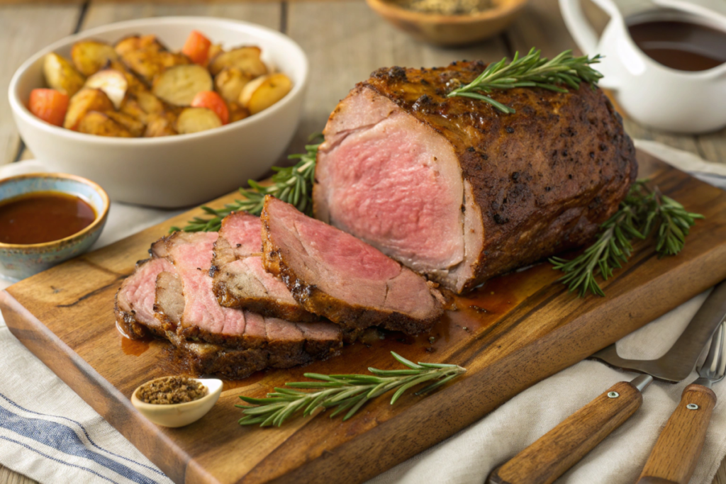 Sous vide prime rib roast with crispy seared crust on a wooden cutting board