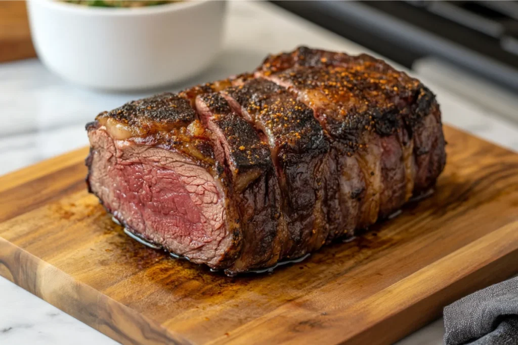 Sous vide prime rib roast with a seared crust on a cutting board