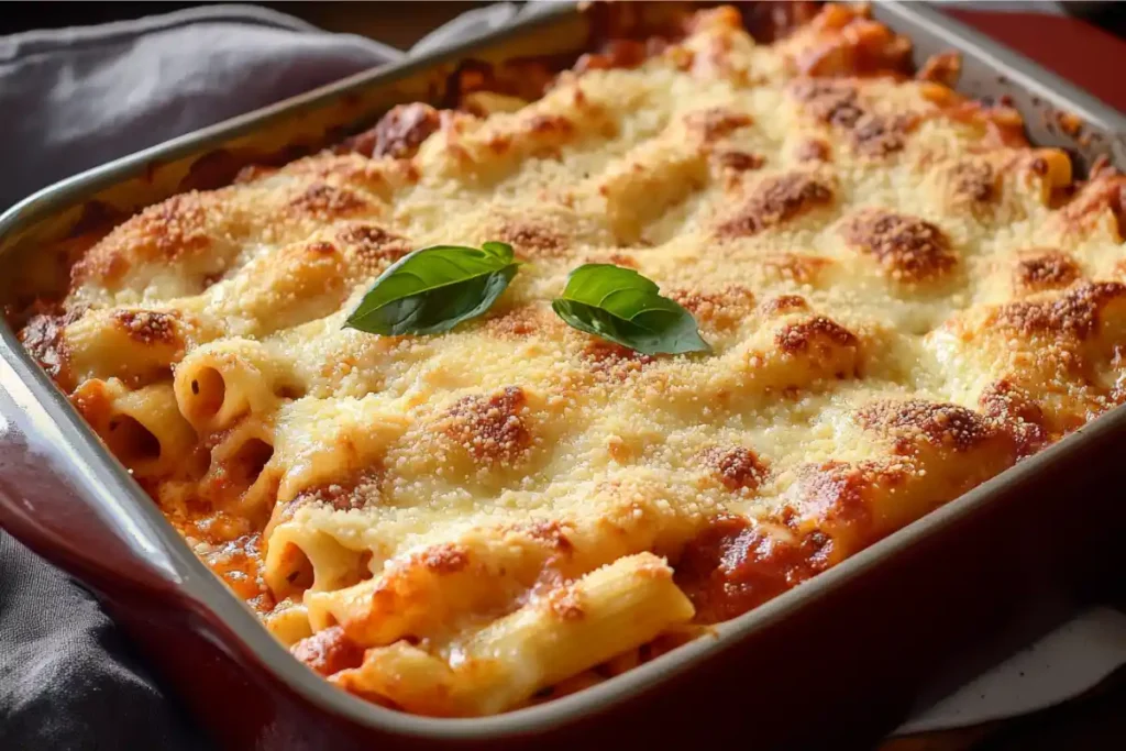 A delicious baked ziti with golden-brown melted cheese on top, highlighting the difference between baked ziti and lasagna.