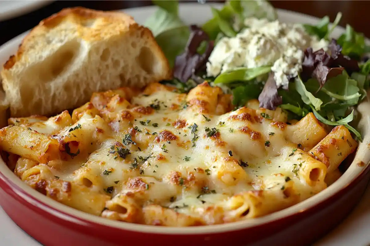 Baked ziti with garlic bread and a Caesar salad