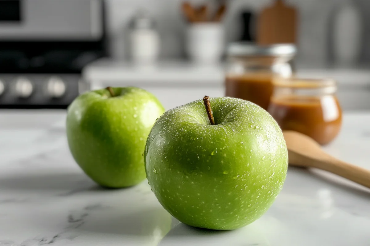 Chilled apples on a kitchen countertop ready for caramel dipping