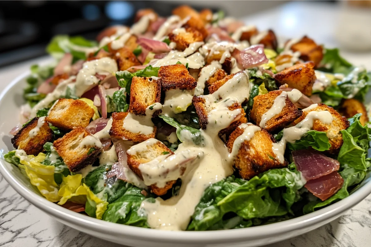 Fresh Caesar Salad with Creamy Dressing on Marble Countertop