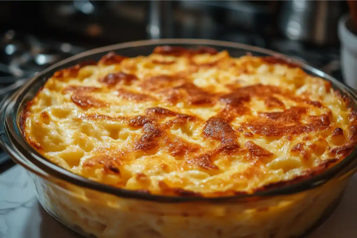 Close-up of old fashioned baked macaroni and cheese with golden-brown crust.