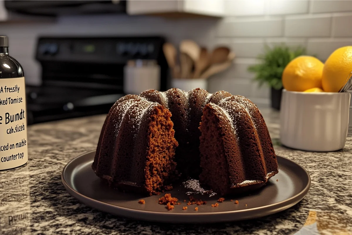 A freshly baked Tom Cruise Bundt cake sliced on a marble countertop