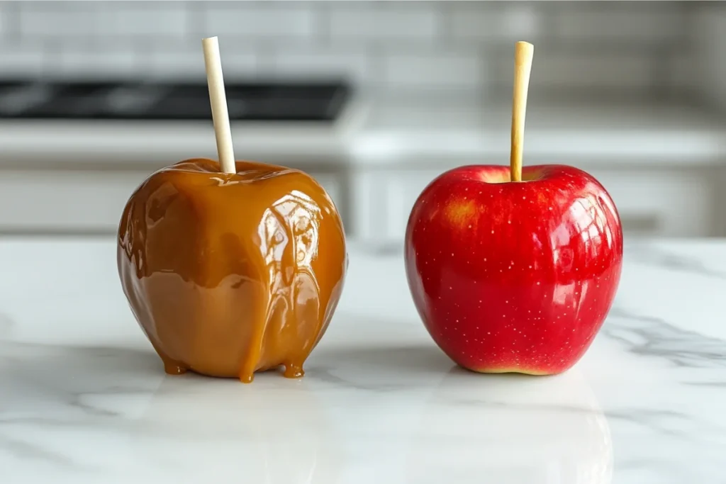 Close-up of a freshly dipped caramel apple and a bright red candied apple on a white marble kitchen counter.