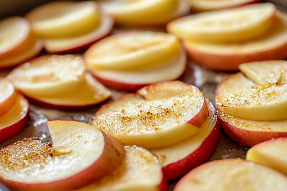 Close-up of freshly sliced apples being gently warmed on a stovetop, illustrating Should I cook apples first for apple pie?