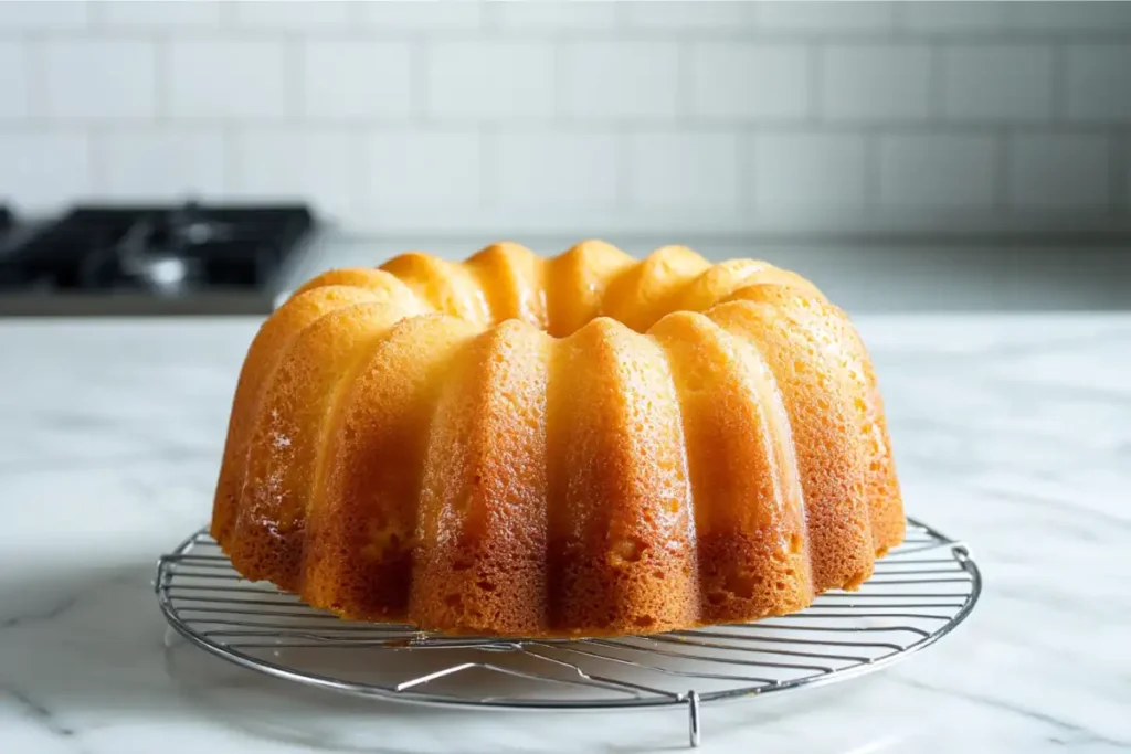 Cooling bundt cake on rack.