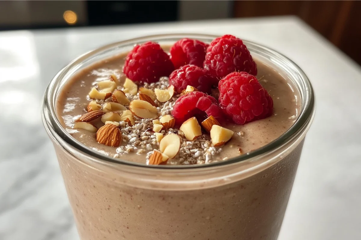 Blended overnight oats in a glass jar with berries and nuts.