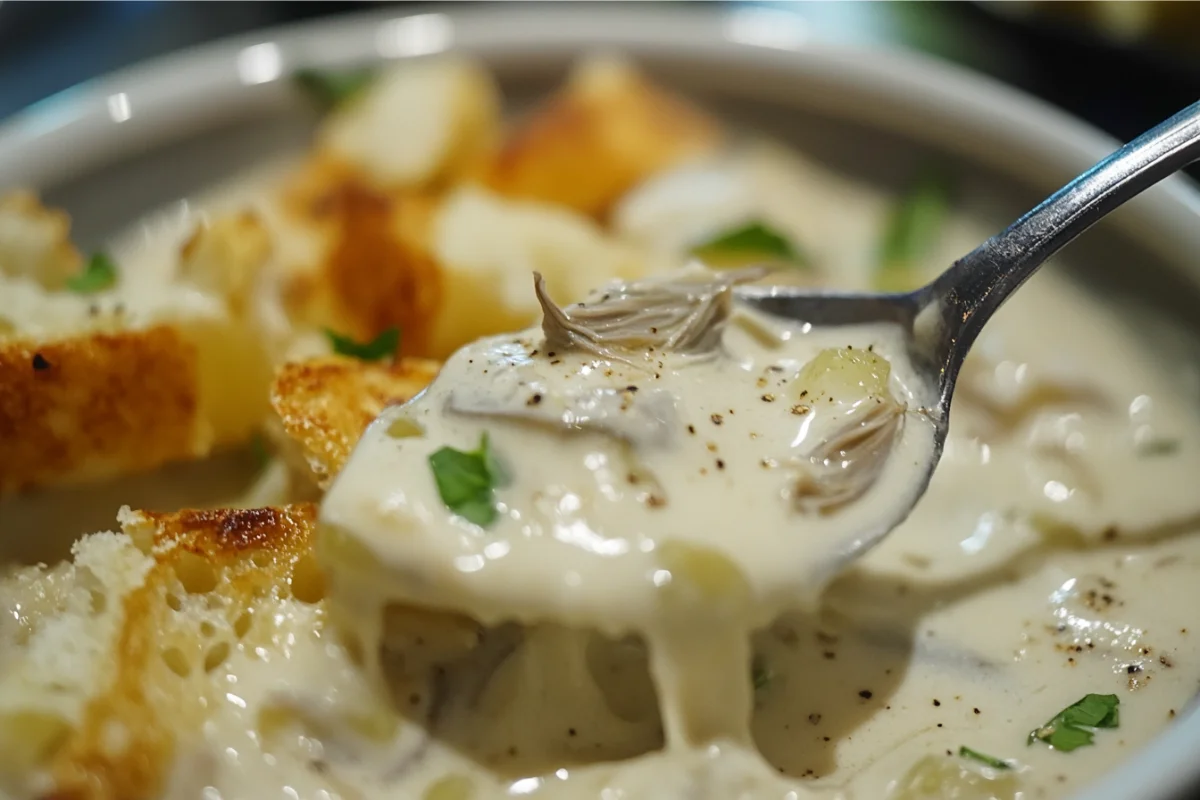 Creamy Caesar dressing on a spoon with anchovies visible.