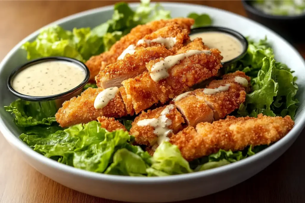 Crispy chicken Caesar salad arranged in a bowl with fresh greens and dressing