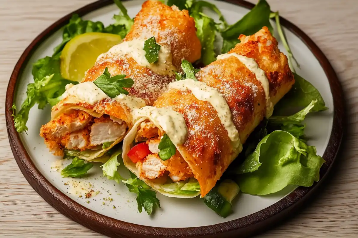 Crispy chicken Caesar wrap on a plate, showing how many calories in a crispy chicken Caesar wrap