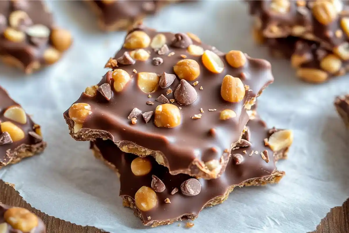 Crockpot Christmas Crack candy with peanuts, chocolate, and butterscotch chips