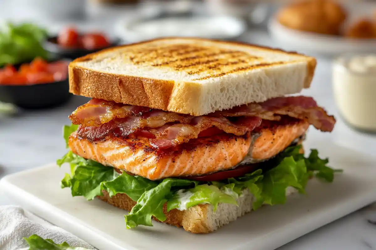 Salmon BLT sandwich with lettuce, tomato, and crispy bacon