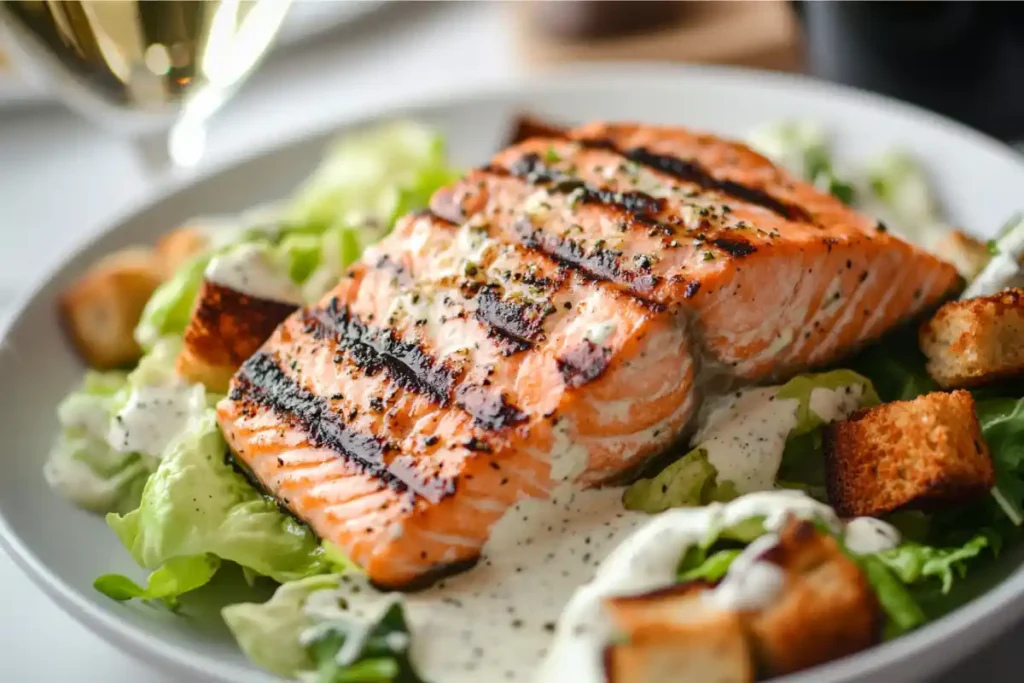 Salmon Caesar Salad with Wine Pairing on a White Marble Kitchen Counter