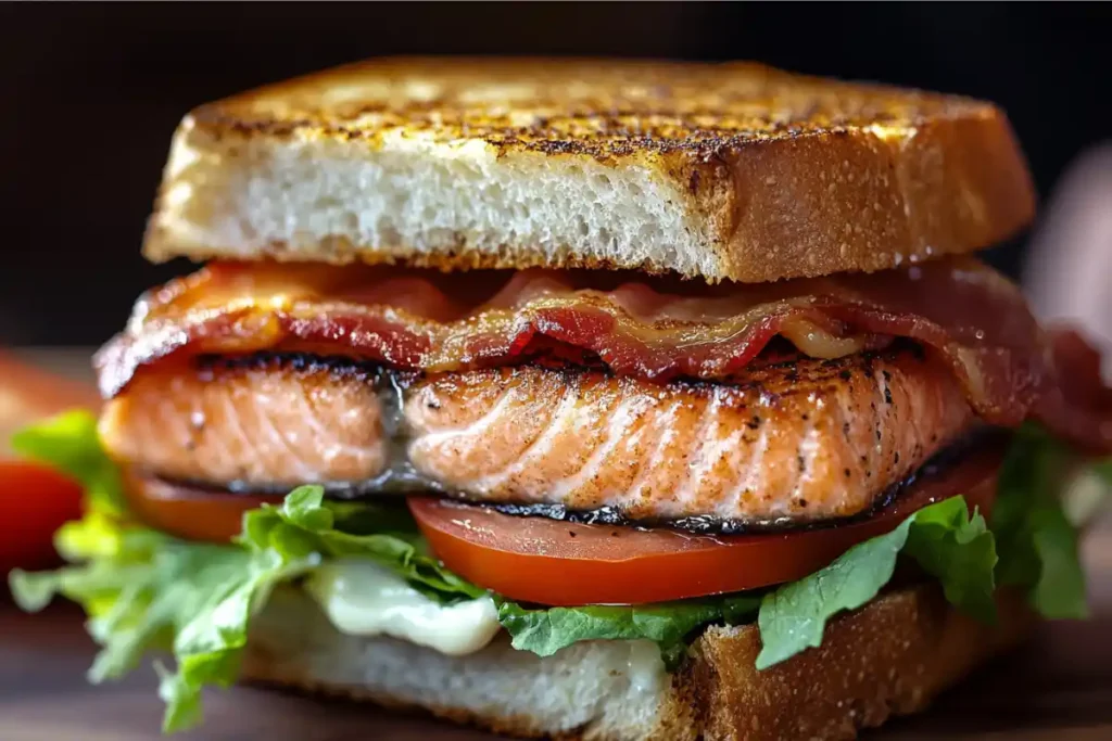 Salmon BLT sandwich on whole wheat bread with bacon, lettuce, and tomato.