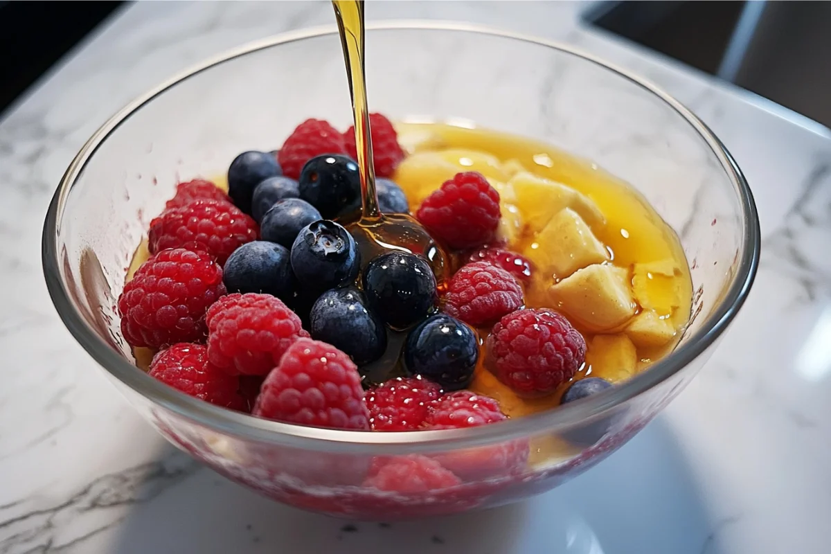 Creamy blended oats with fresh berries and honey.