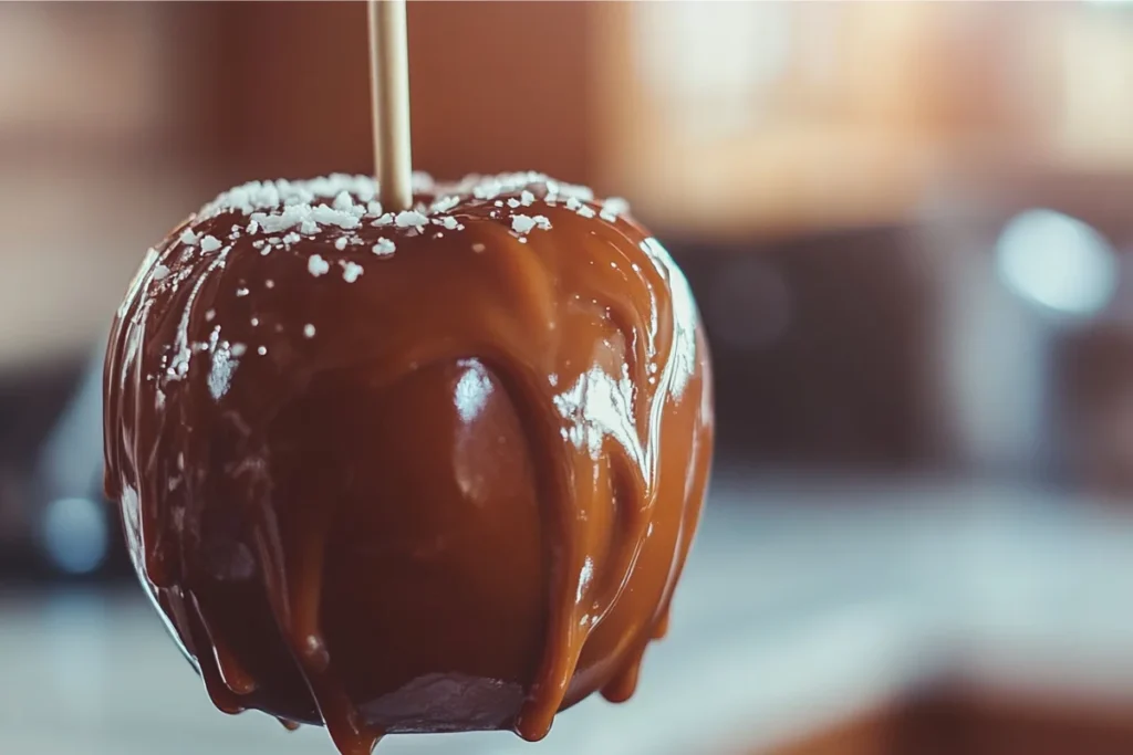 A close-up shot of a freshly dipped caramel apple in a well-lit kitchen