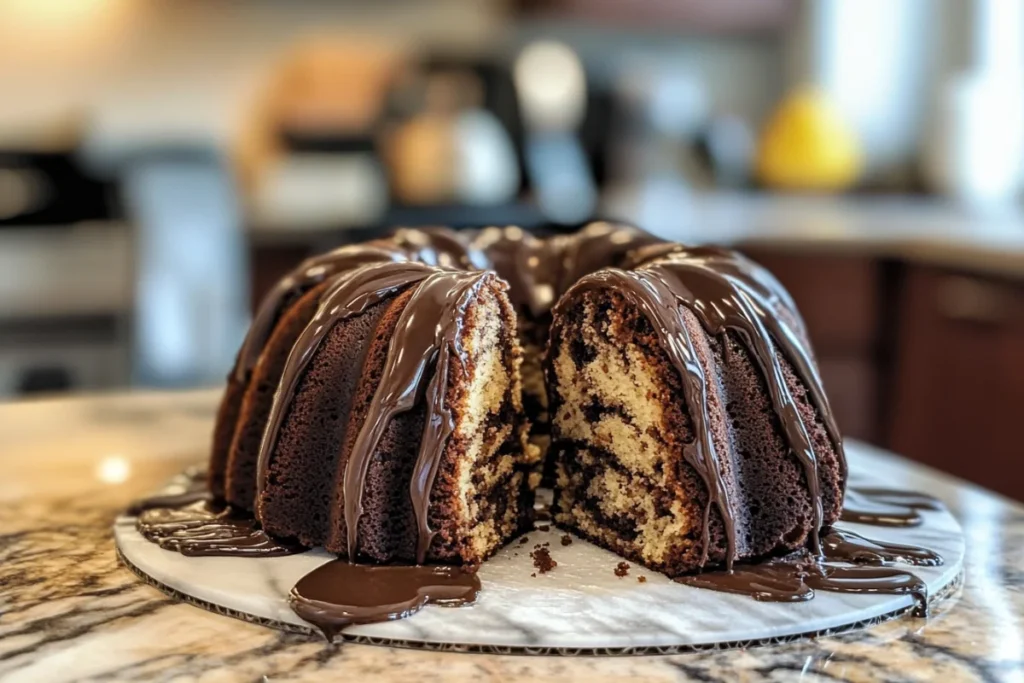 A close-up shot of a freshly baked bundt cake on a marble countertop, capturing its moist texture and unique ring shape.