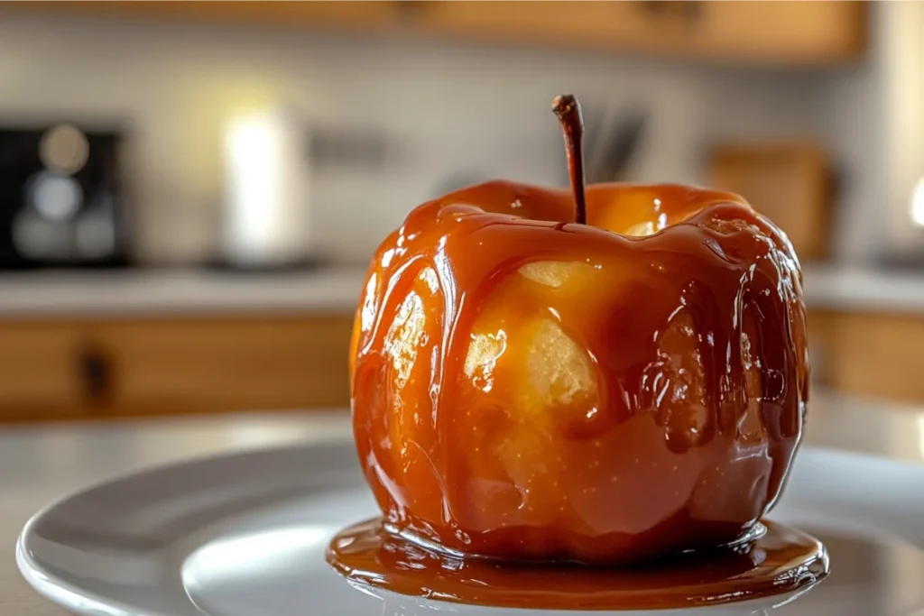 Close-up shot of a fresh apple pie caramel apple in a bright kitchen setting