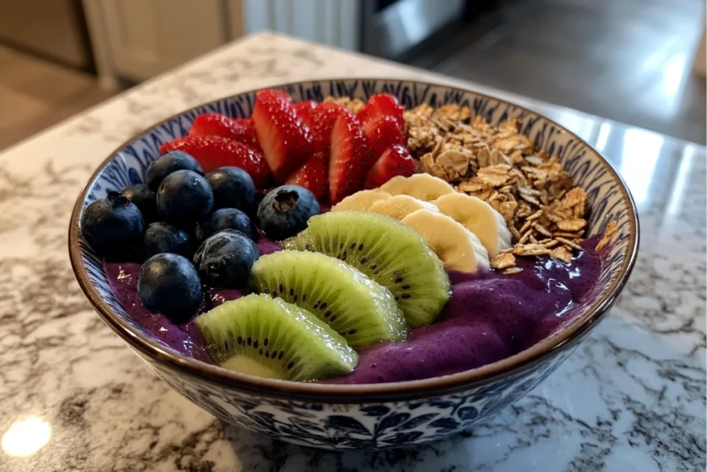 Close-up of a tropical smoothie acai bowl in a bright kitchen