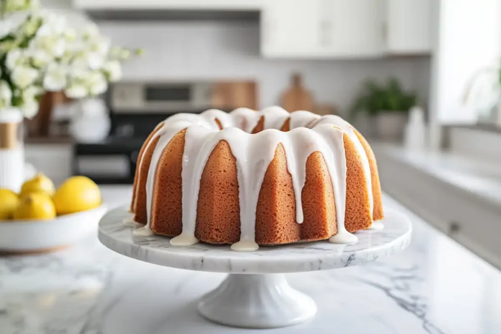 Close-up of a glazed, golden brown bundt cake, ensuring moistness.