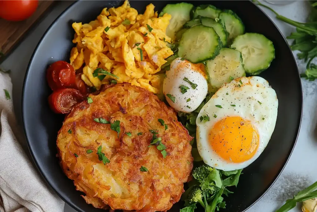 Crispy hash browns served with eggs and vegetables for breakfast