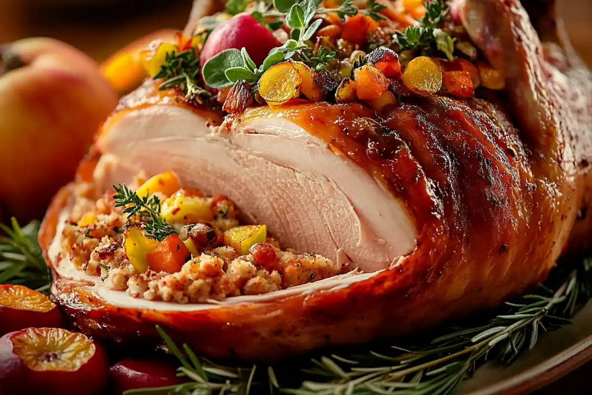 A roasted turkey filled with vibrant fruits, herbs, and grains, illustrating What can I stuff in turkey other than stuffing?