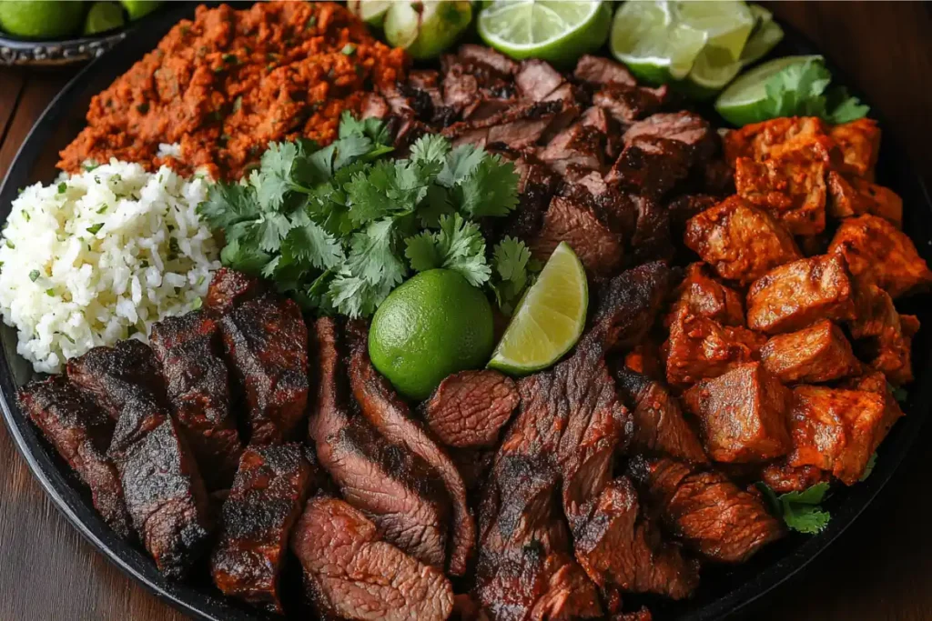 A platter of Mexican style beef, including carne asada and barbacoa, garnished with cilantro and lime.