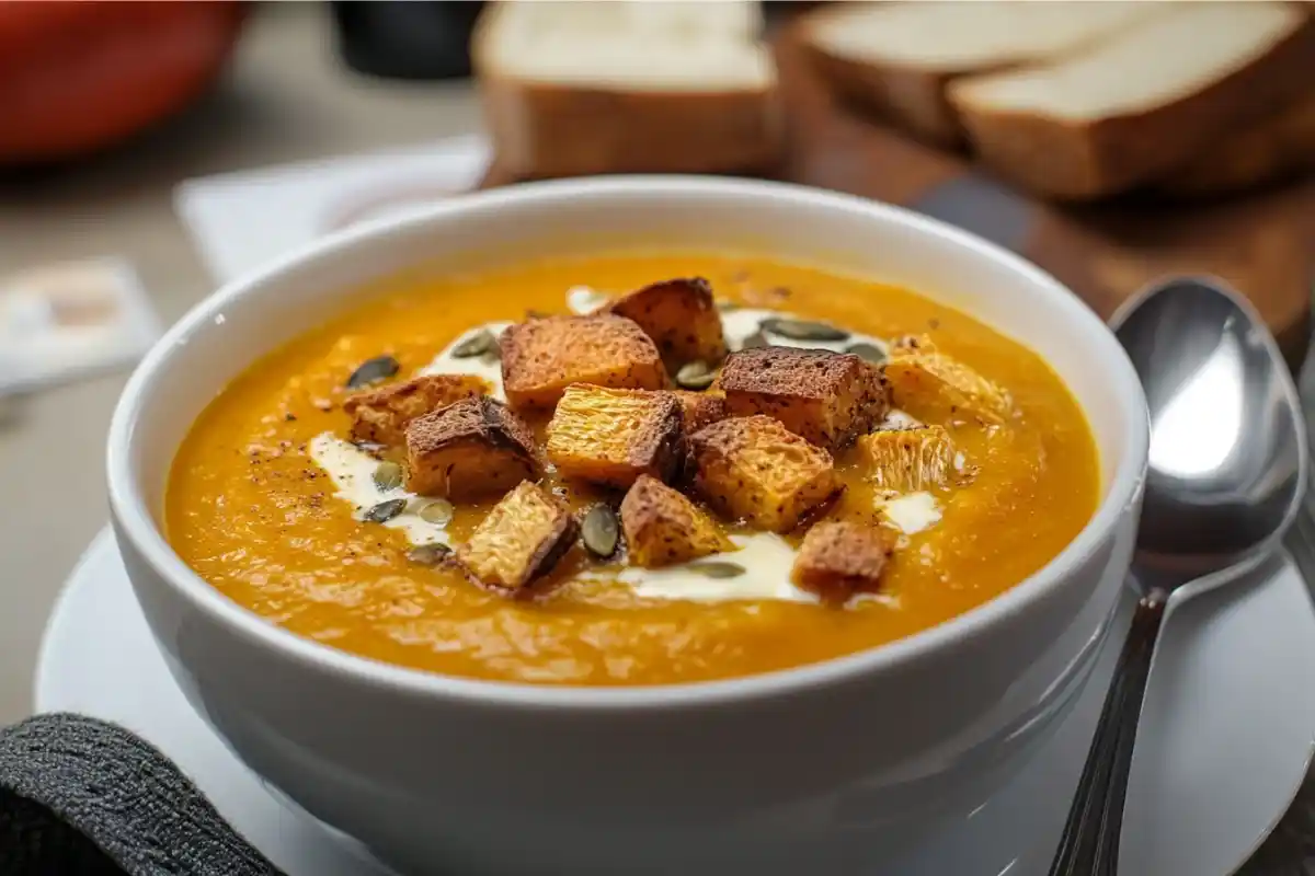 Bowl of Panera autumn squash soup with butternut squash.