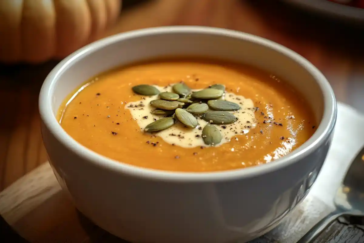 Bowl of Panera autumn squash soup with a garnish of pumpkin seeds.