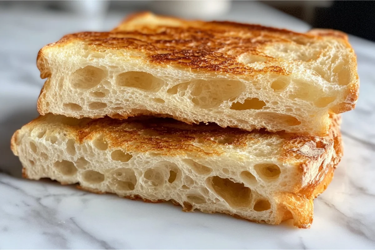 Crispy golden sourdough toast on marble counter