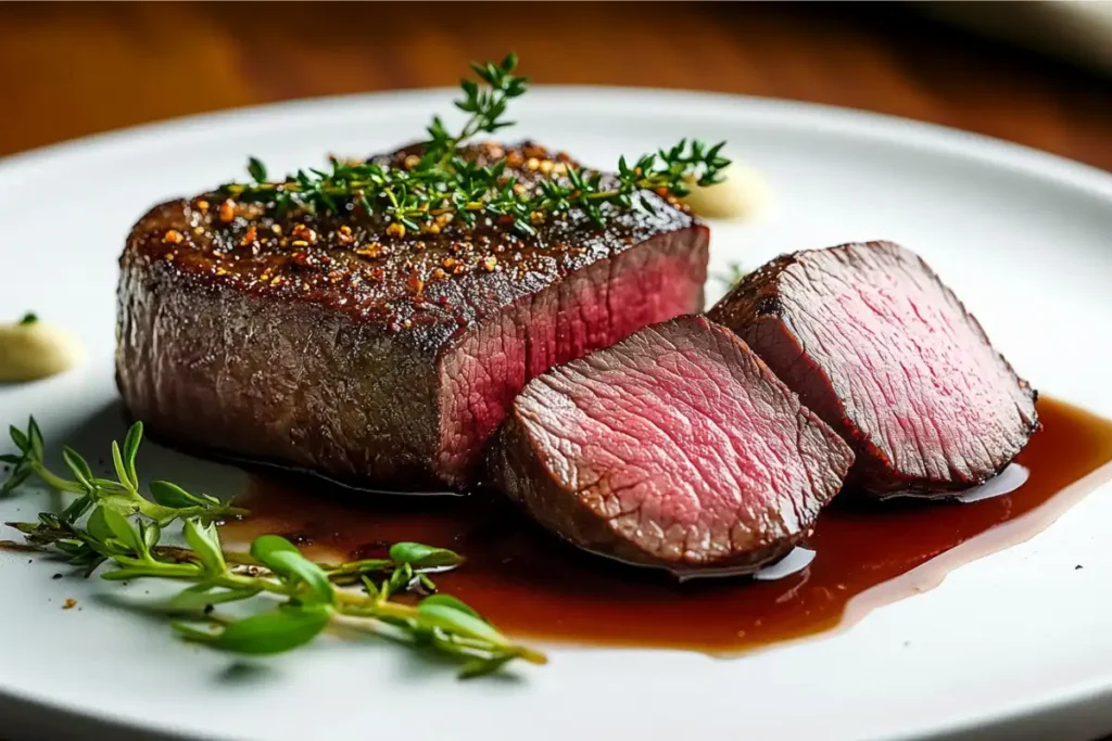 Sous vide beef tenderloin sliced medium-rare with a rich brown seared crust